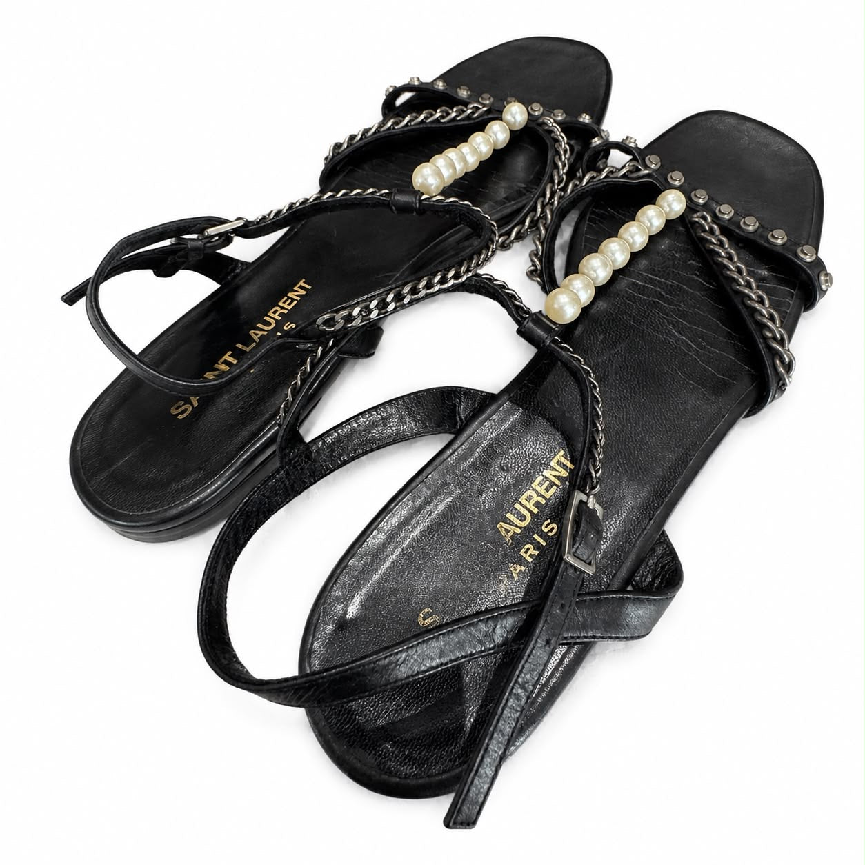 SAINT LAURENT - SANDALS FLAT BLACK LEATHER WITH STUDS CHAIN & PEARLS SIZE 37 EU