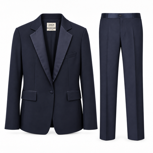 SAINT LAURENT - SUIT SMOKING JACKET AND TROUSERS BLUE WITH SATIN LAPELS SIZE 40 FR