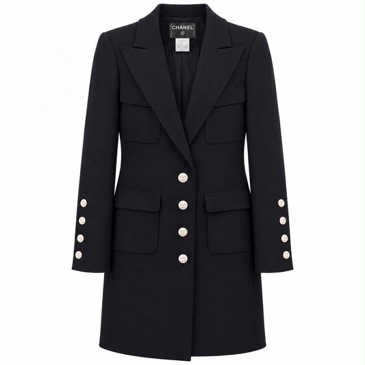 CHANEL - COAT TAILORED BLACK WOOL-BLEND WITH WHITE CC LOGO BUTTONS SIZE 48 FR