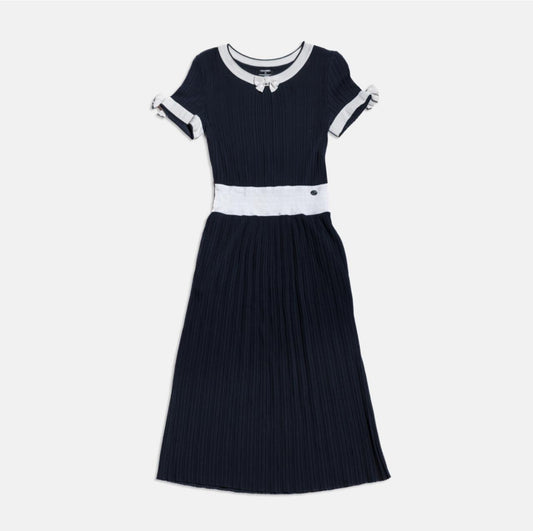 CHANEL - DRESS LONG NAVY AND WHITE RIBBED PLEATED KNIT SIZE 38 FR