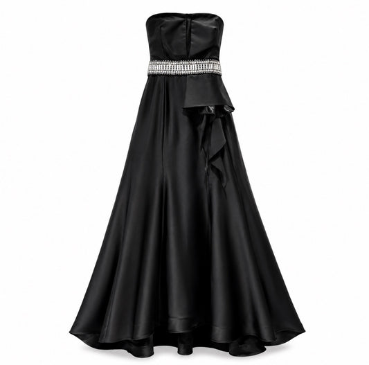 MIKAEL AGHAL - DRESS MAXI BLACK SATIN STRAPLESS CRYSTALS EMBELLISHED BLACK SIZE 14