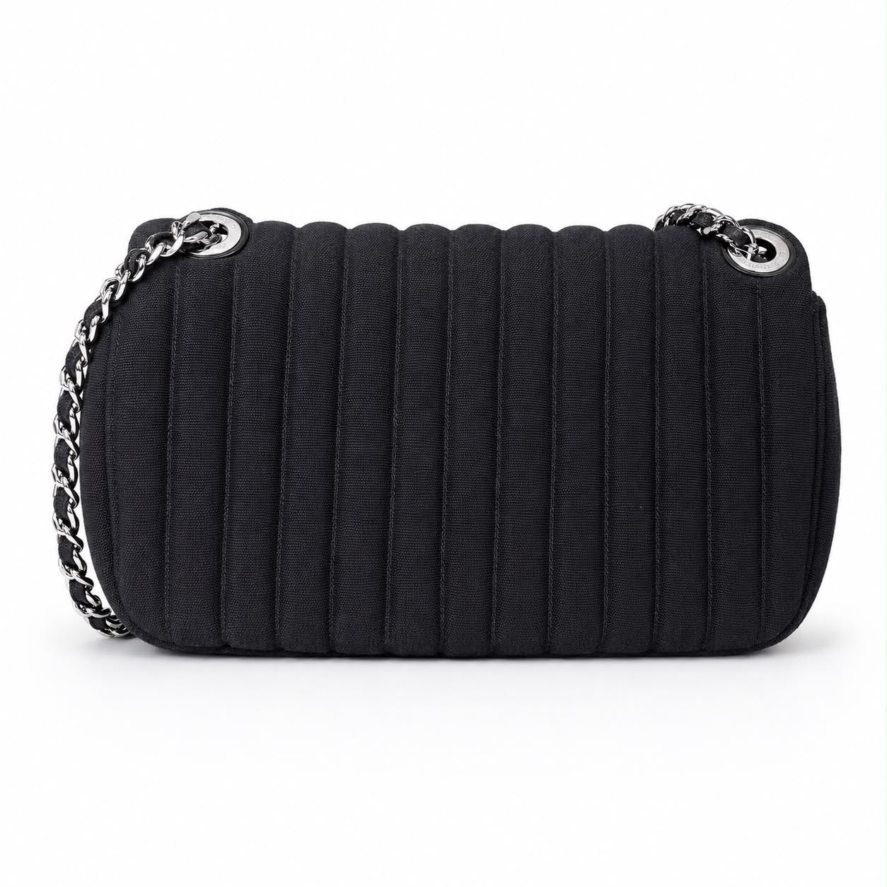 CHANEL - *NEVER USED* BAG MINI FLAP JERSEY VERTICAL QUILTED BLACK WITH SILVER HARDWARE