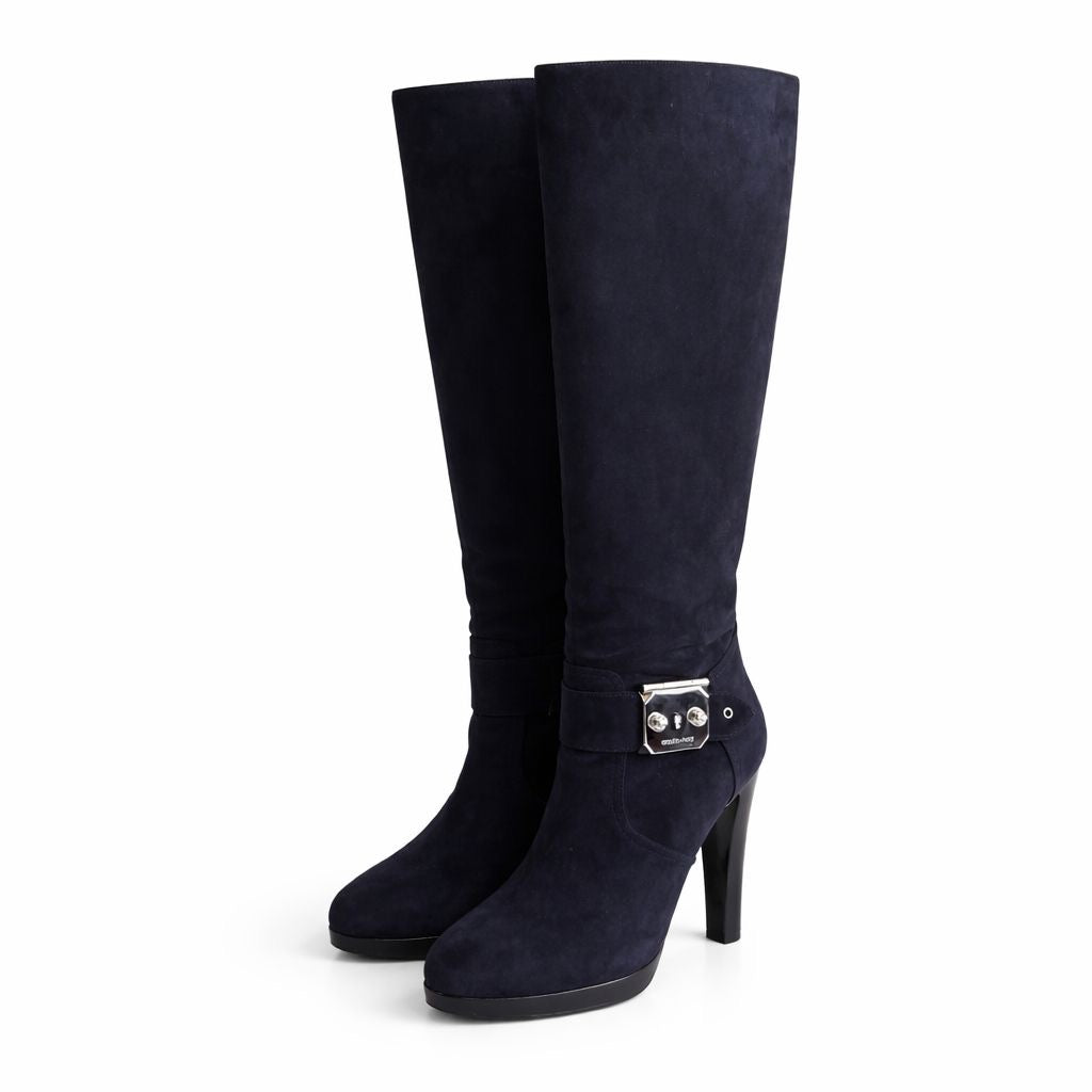 HERMÈS - HIGH BOOTS DARK BLUE SILVER BUCKLE SIZE 39,5 EU