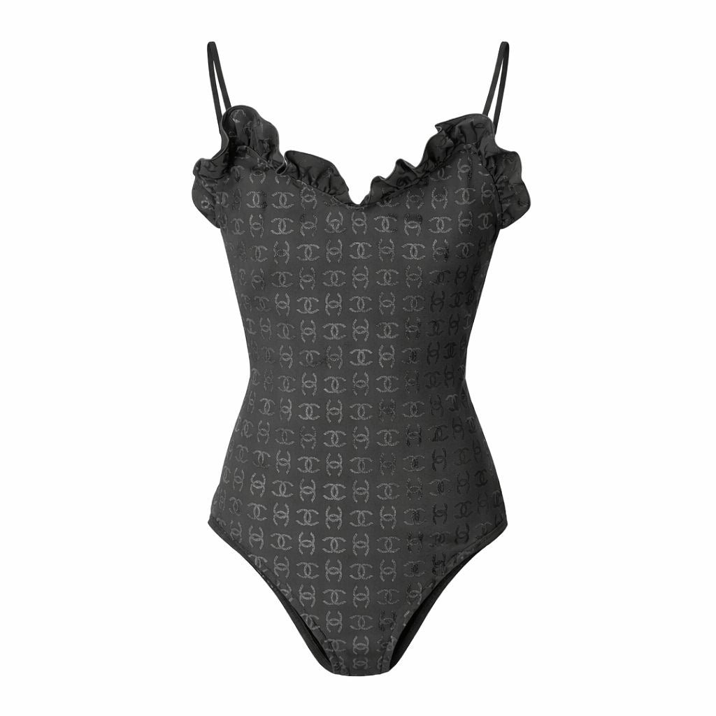 CHANEL - ONE-PIECE SWIMSUIT BLACK LOGOS WITH RUFFLES SIZE 40 FR