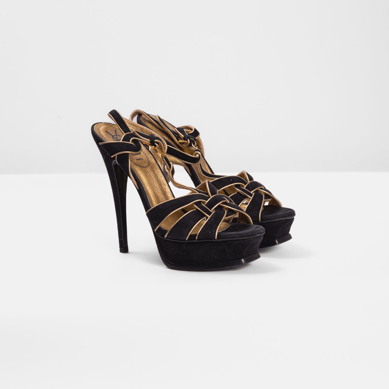 SAINT LAURENT - SANDALS TRIBUTE BLACK SUEDE WITH GOLD TRIM SIZE 37,5 EU