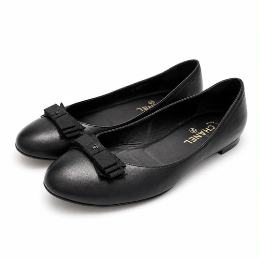 CHANEL - BALLET FLATS BLACK LEATHER WITH BOW SIZE 40 EU