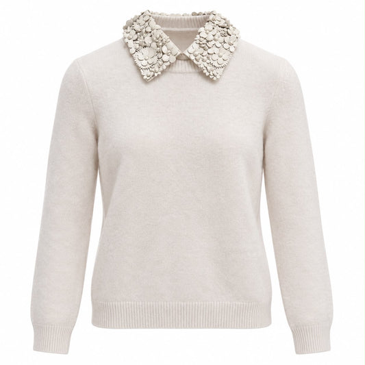 VALENTINO - SWEATER IVORY WOOL & CASHMERE WITH LEATHER FLORAL COLLAR SIZE S