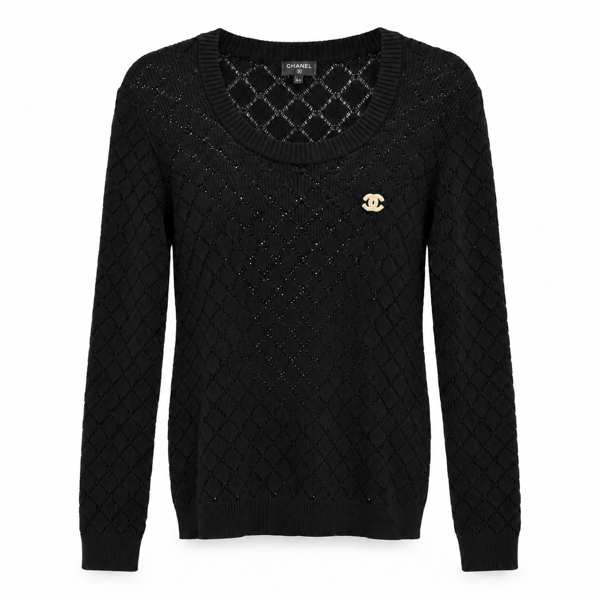 CHANEL - SWEATER BLACK OPENWORK COTTON KNIT WITH DIAMOND PATTERN & GOLD-TONE CC LOGO SIZE 44 FR