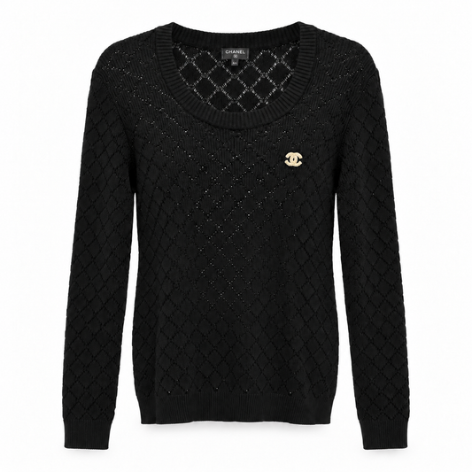 CHANEL - SWEATER BLACK OPENWORK COTTON KNIT WITH DIAMOND PATTERN & GOLD-TONE CC LOGO SIZE 44 FR