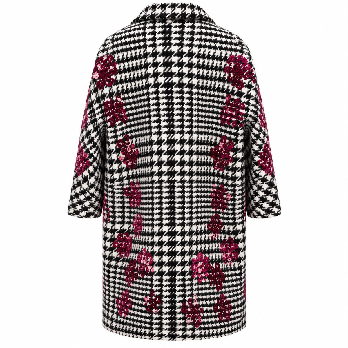 ERMANNO SCERVINO – BLACK & WHITE HOUNDSTOOTH WOOL COAT WITH BURGUNDY FLORAL SEQUIN EMBELLISHMENTS SIZE 40 IT