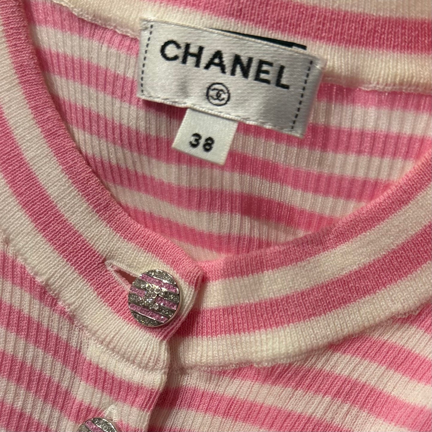 CHANEL - *COLLECTION 2024* T-SHIRT STRETCH PINK & WHITE STRIPED RIBBED SIZE 38 FR