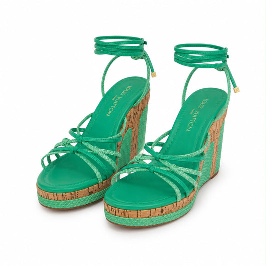 LOUIS VUITTON - WEDGE SANDALS GREN PYTHON WITH CORK SIZE 38 EU