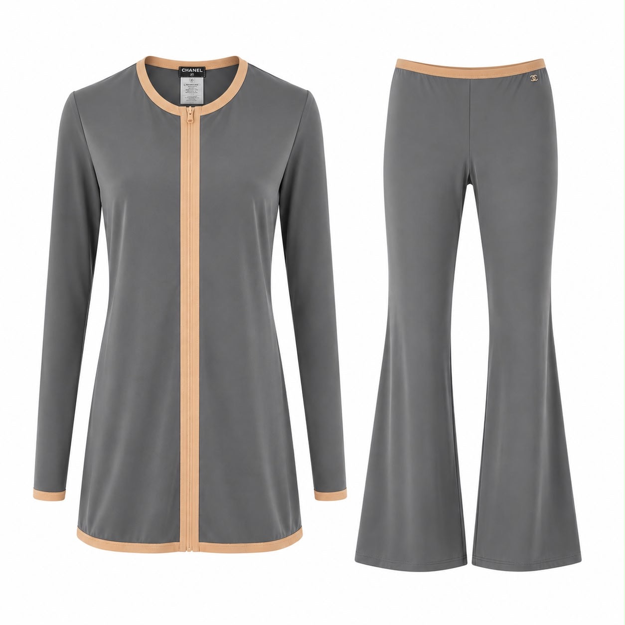 CHANEL - SET CARDIGAN & TROUSERS GREY WITH PINK TRIM SIZE 42 FR