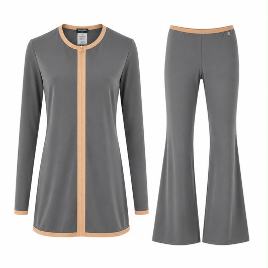 CHANEL - SET CARDIGAN & TROUSERS GREY WITH PINK TRIM SIZE 42 FR