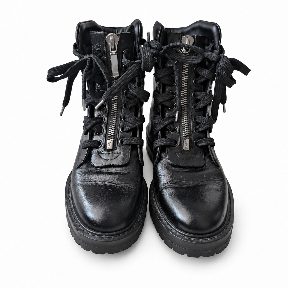 SAINT LAURENT – ANKLE BOOTS BLACK LEATHER LACE-UP COMBAT SIZE 36 EU