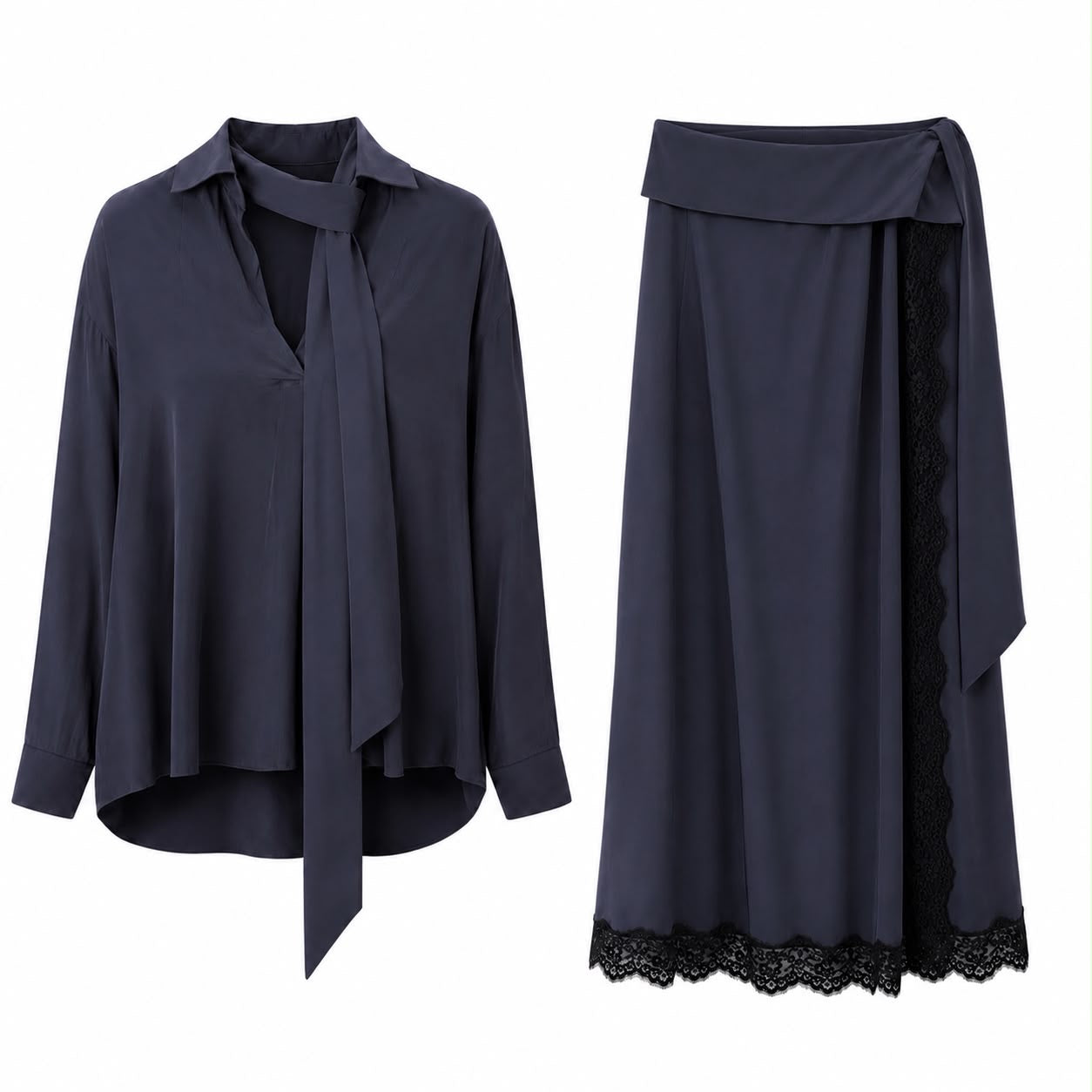 CHLOÉ - SET SHIRT AND MAXI SKIRT NAVY BLUE SIZE 34 FR