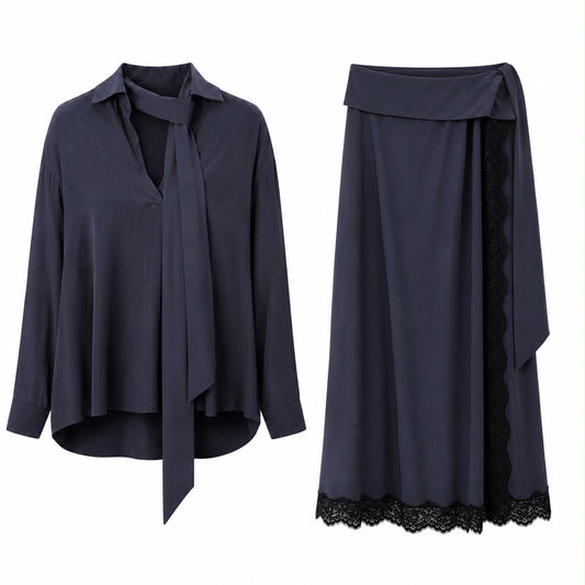 CHLOÉ - SET SHIRT AND MAXI SKIRT NAVY BLUE SIZE 34 FR
