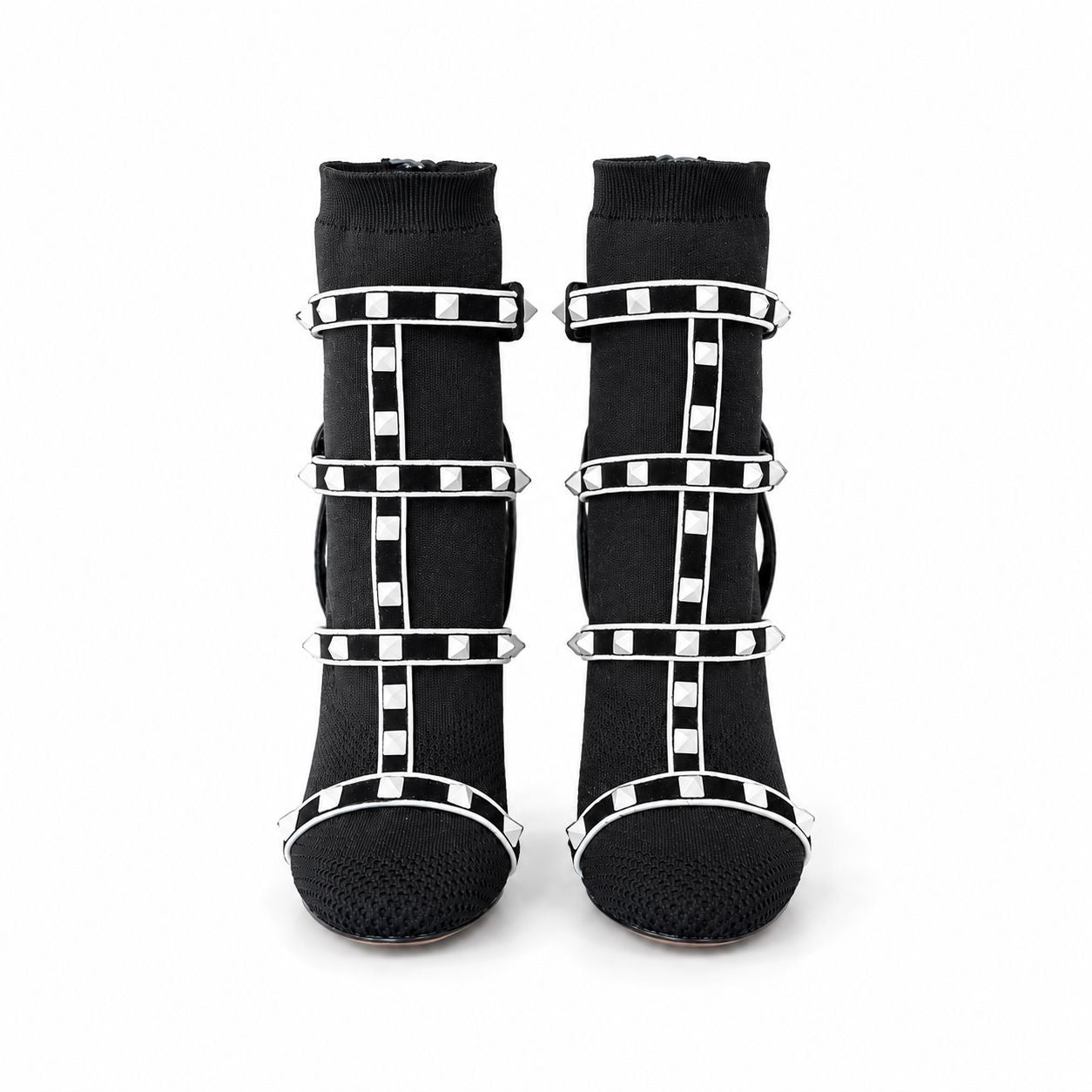 VALENTINO - ANKLE BOOTS ROCKSTUD STRETCH KNIT SOCK BLACK WITH WHITE STUDS SIZE 35 EU
