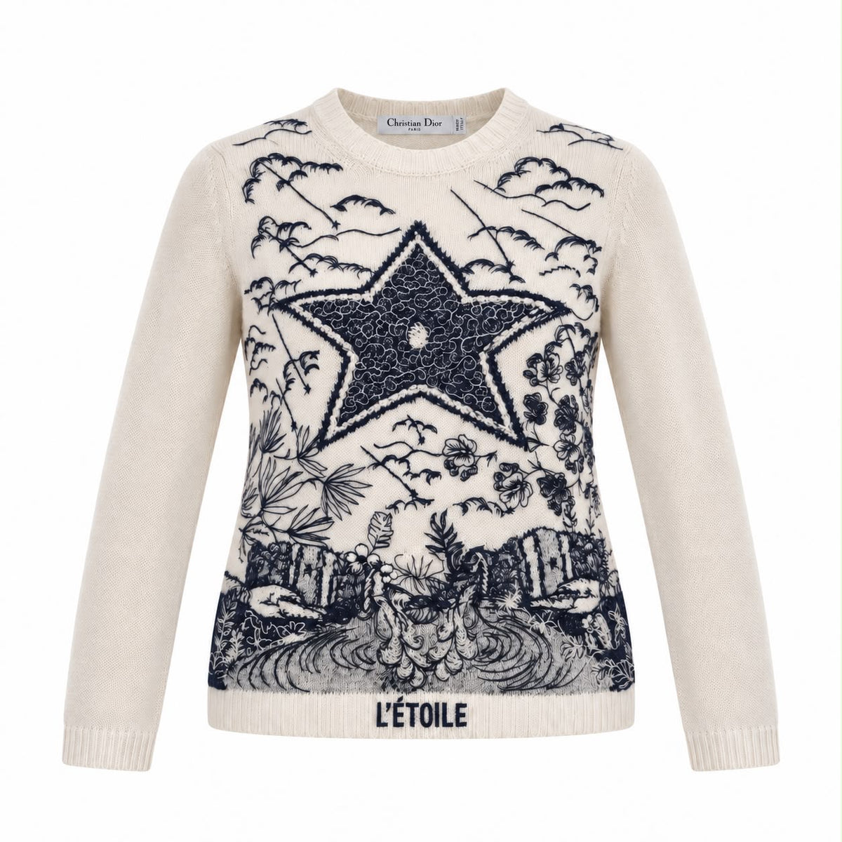 DIOR - SWEATER L’ÉTOILE IVORY CASHMERE & SILK WOTH NAVY BLUE STAR AND FLORAL EMBROIDERY SIZE 36 IT