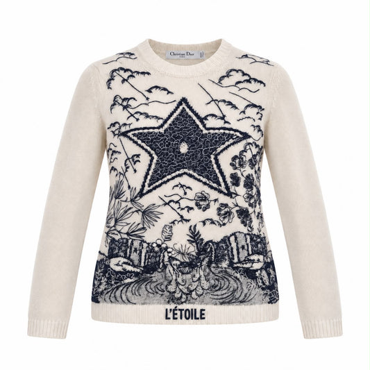 DIOR - SWEATER L’ÉTOILE IVORY CASHMERE & SILK WOTH NAVY BLUE STAR AND FLORAL EMBROIDERY SIZE 36 IT