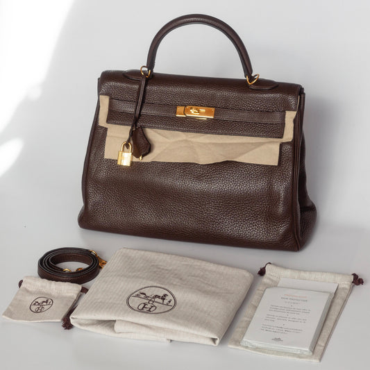 HERMÈS- KELLY 35 BAG TOGO LEATHER IN COFFEE COLOUR WITH GOLD HARDWARE