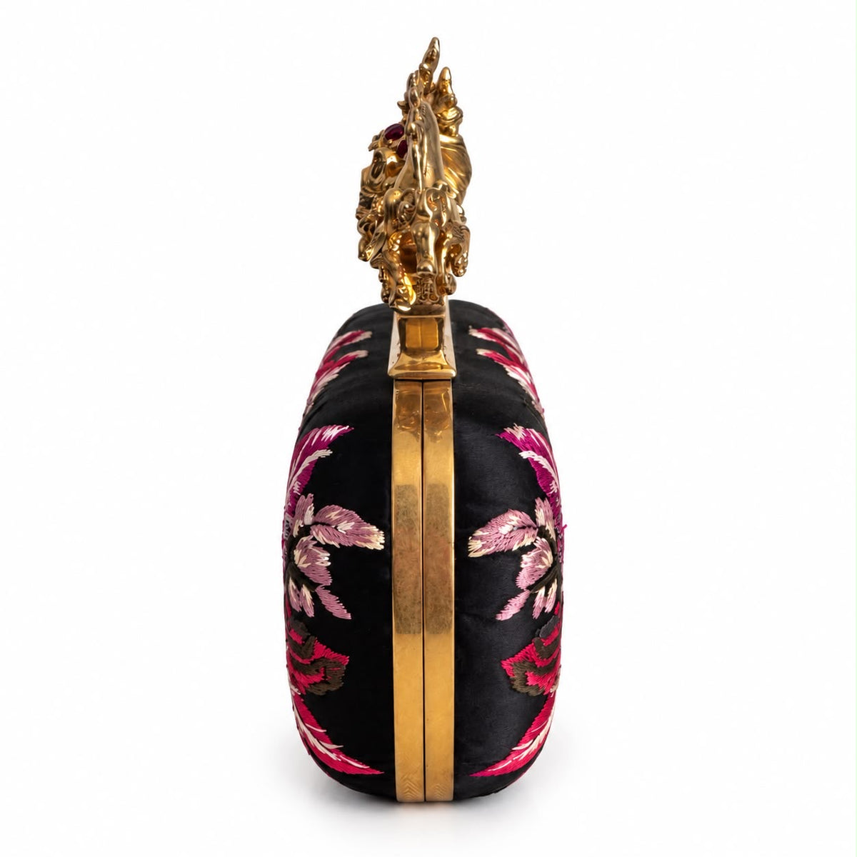 ALEXANDER MCQUEEN - CLUTCH KNUCKLE BOX BLACK MULTICOLOR FLORAL EMBROIDERED WITH GOLD-TONE HARDWARE