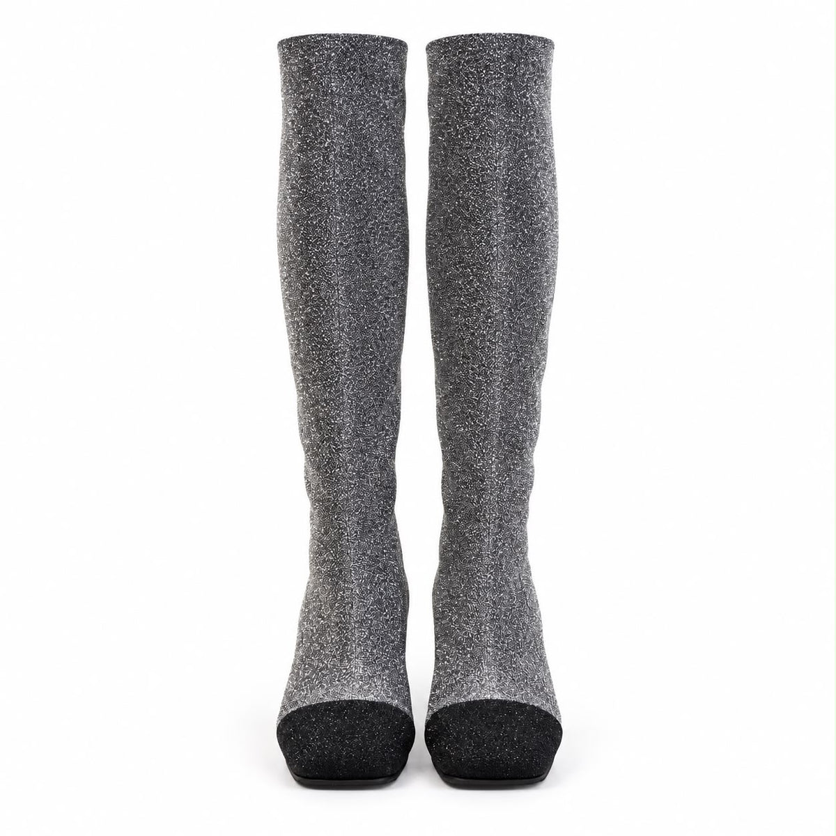 CHANEL - *LIMITED EDITION* HIGH BOOTS SILVER GLITTER BLACK HEEL SIZE 37 C