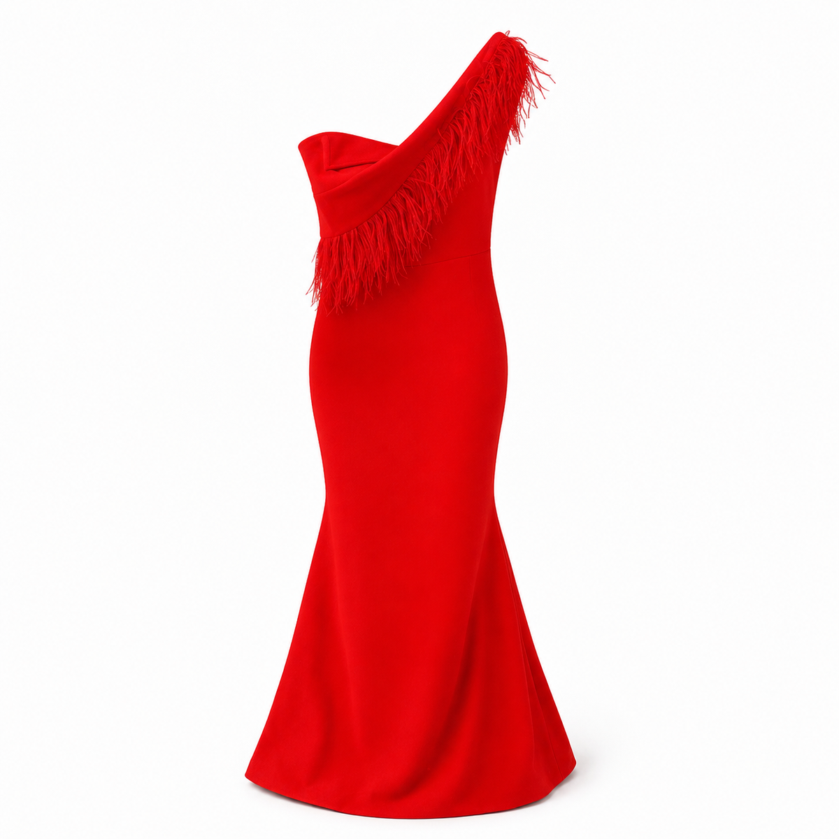 ROLAND MOURET - DRESS MAXI RED ONE-SHOULDER FEATHER 42 FR