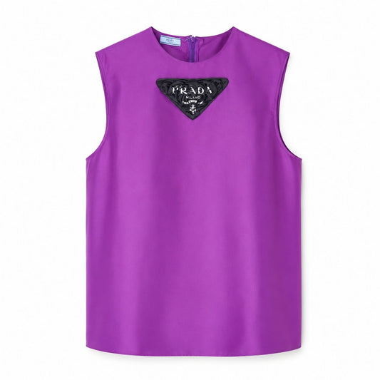 PRADA - TOP PURPLE SLEVELESS SILK TOP WITH FRONT BLACK LOGO SIZE 40 Ait