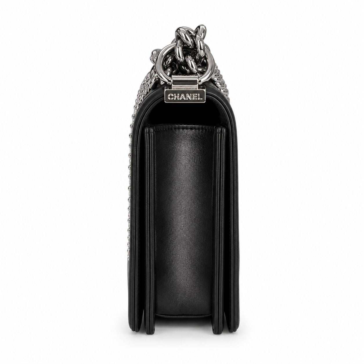 CHANEL - BAG BOY MEDIUM BLACK METALLIC LAMBSKIN WITH GLASS PEARL EMBROIDERY