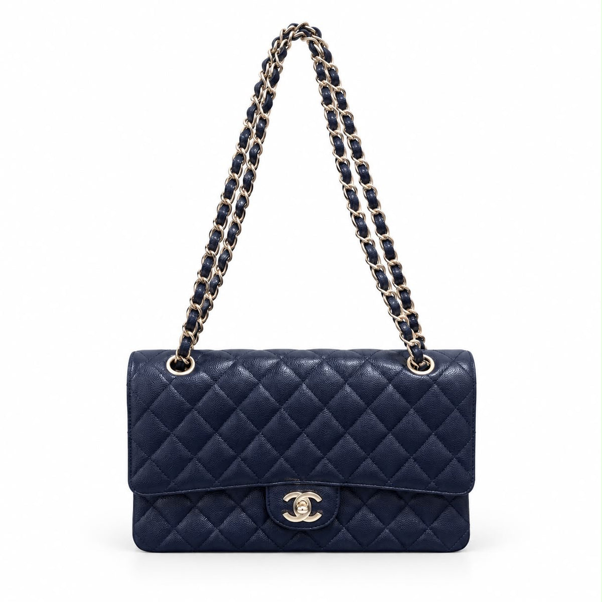 CHANEL - BAG TIMELESS CLASSIC DOUBLE FLAP MEDIUM BLUE NAVY CAVIAR LEATHER WITH SILVER TONE HARDWARE
