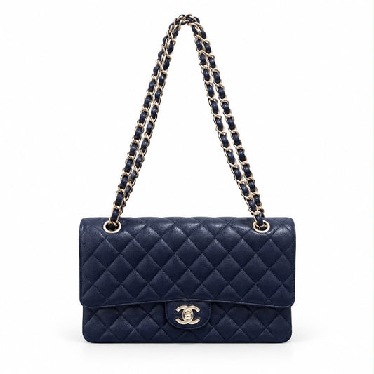 CHANEL - BAG TIMELESS CLASSIC DOUBLE FLAP MEDIUM BLUE NAVY CAVIAR LEATHER WITH SILVER TONE HARDWARE