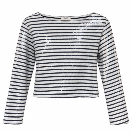 CÉLINE - TOP COTTON STRIPED BLACK & WHITE WITH SEQUIN EMBRLLISHMENTS SIZE M