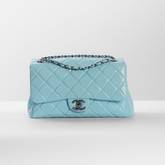 CHANEL - BAG GLAZED CALFSKIN QUILTED MEDIUM COCO SOFT FLAP LIGHT BLUE