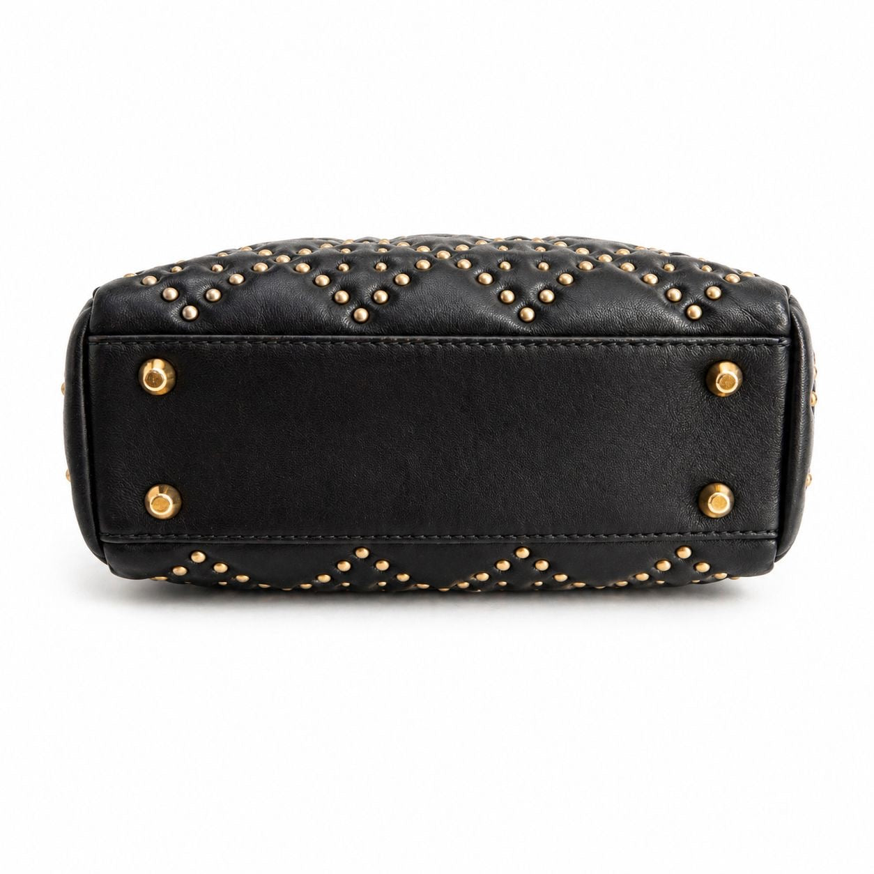 DIOR – LADY DIOR SMALL BLACK CANNAGE LEATHER BAG WITH GOLD STUDS AND SHOULDER STRAP