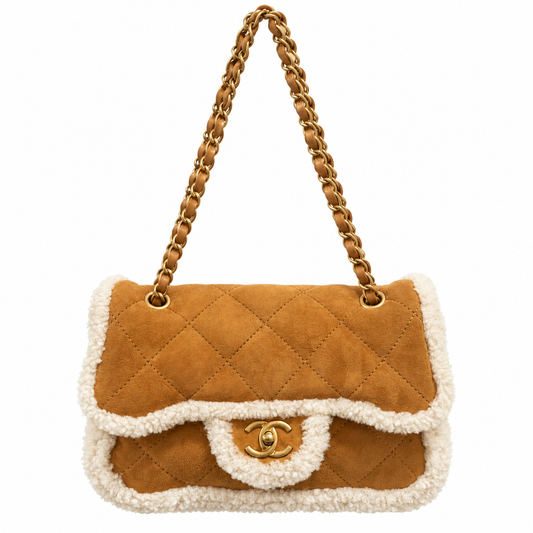 CHANEL –  BAG TIMELESS QUILTED CAMEL SUEDE & IVORY SHEARLING FLAP WITH GOLD-TONE HARDWARE