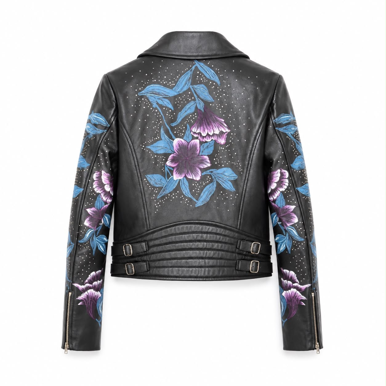 ELIE SAAB - JACKET BLACK LAMBSKIN LEATHER WITH STUDS & FLORAL EMBROIDERY SIZE 40 FR