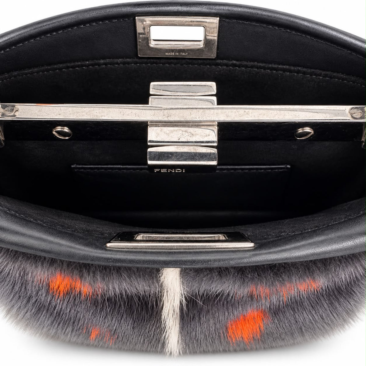 FENDI – BAG MINI PEEKABOO GREY FUR WITH ORANGE POLKA DOTS AND SILVER-TONE HARDWARE