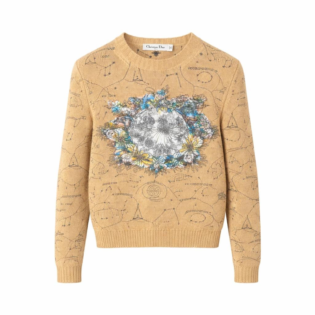 DIOR - SWEATER BROWN CASHMERE EMBROIDERED CONSTELLATIONS SIZE 36 FR