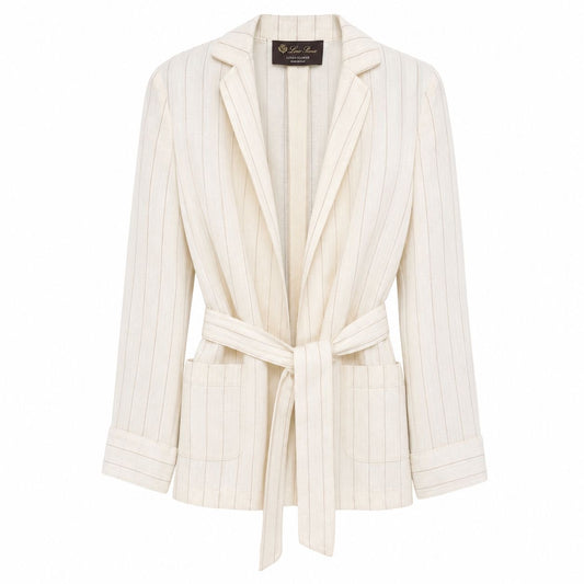 LORO PIANA - BLAZER LINEN STRIPED MILKY AND LIGHT BROWN WITH BELT SIZE 38 IT