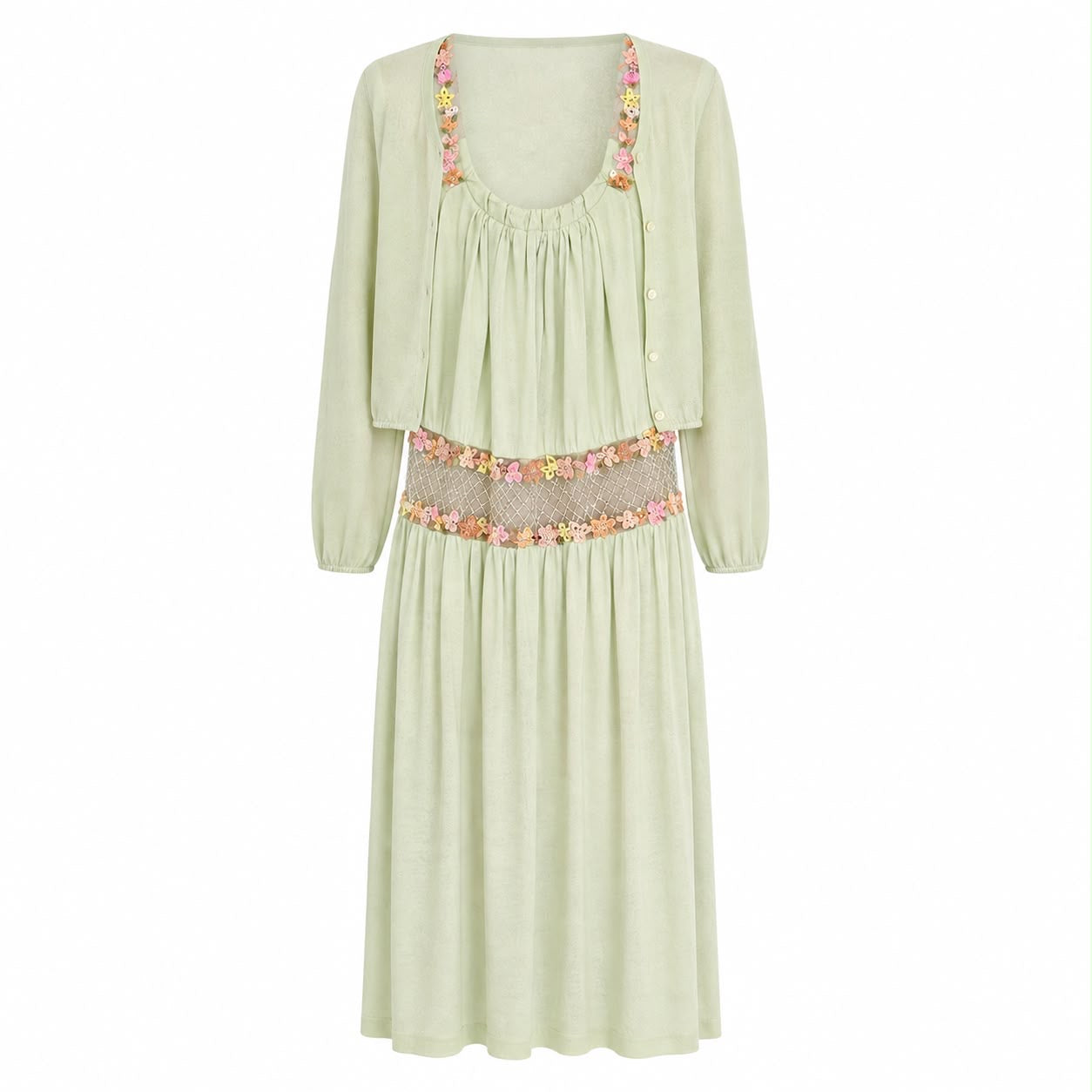 VALENTINO - DRESS & CARDIGAN SET LIGHT GREEN EMBELLISHED SIZE S