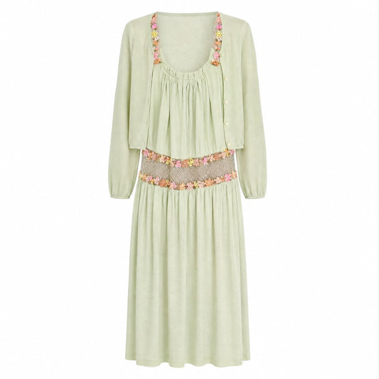 VALENTINO - DRESS & CARDIGAN SET LIGHT GREEN EMBELLISHED SIZE S
