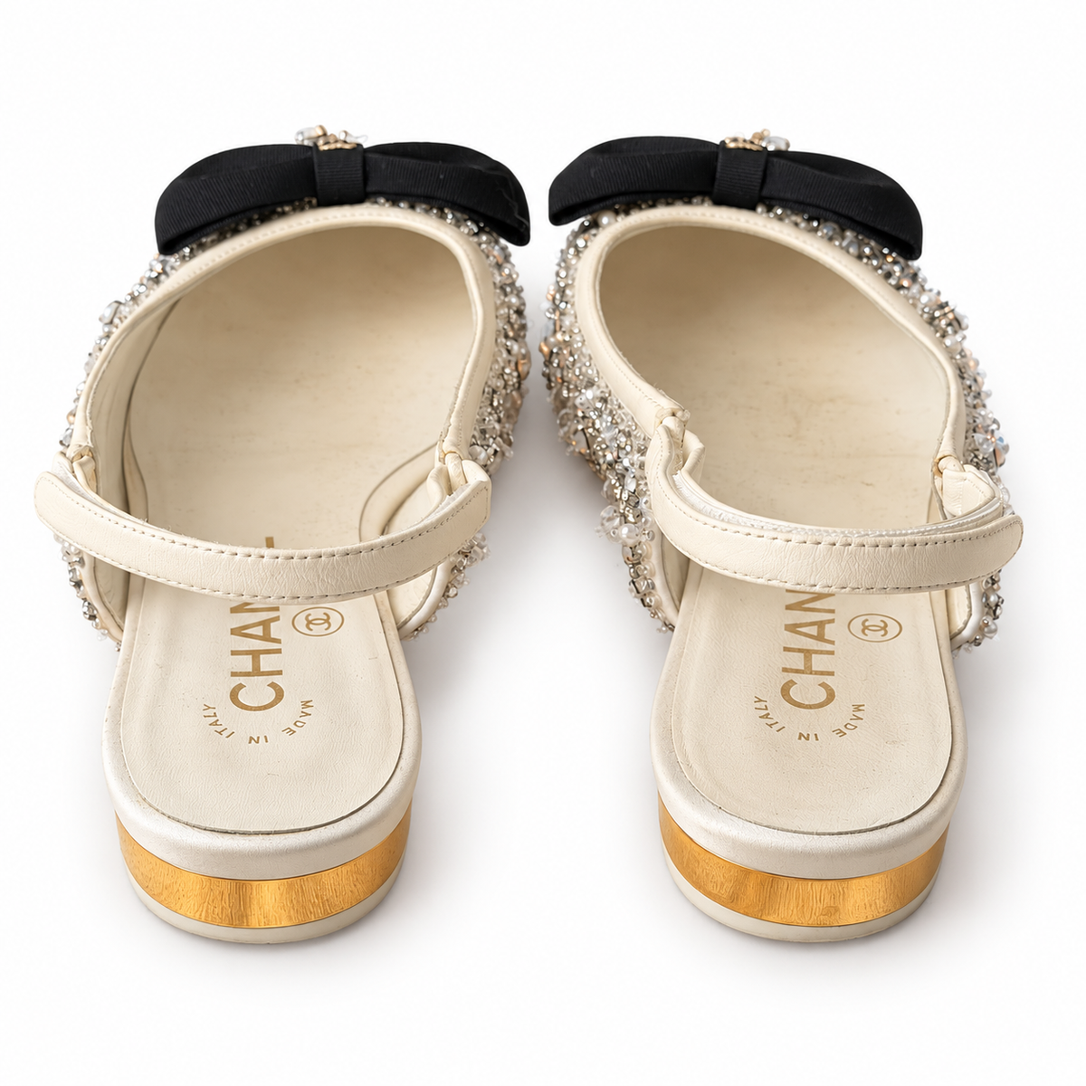 CHANEL - SLINGBACK SHOES IVORY SATIN CRYSTAL & PEARL-EMBELLISHED WITH BOW SIZE 37 EU
