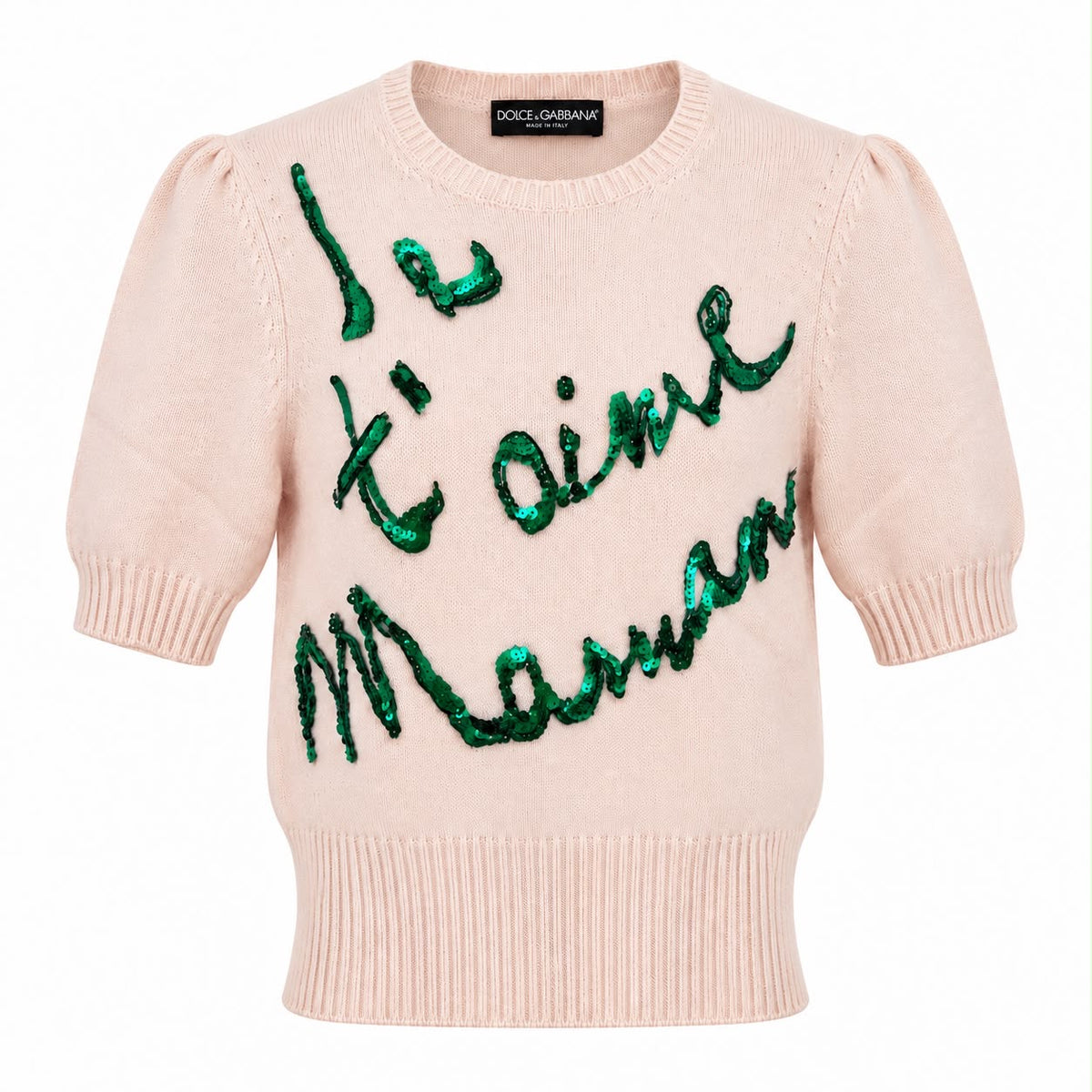 DOLCE & GABBANA - SWEATER PALE PINK CASHMERE WITH GREEN SEQUIN LETTERING SIZE 40 IT