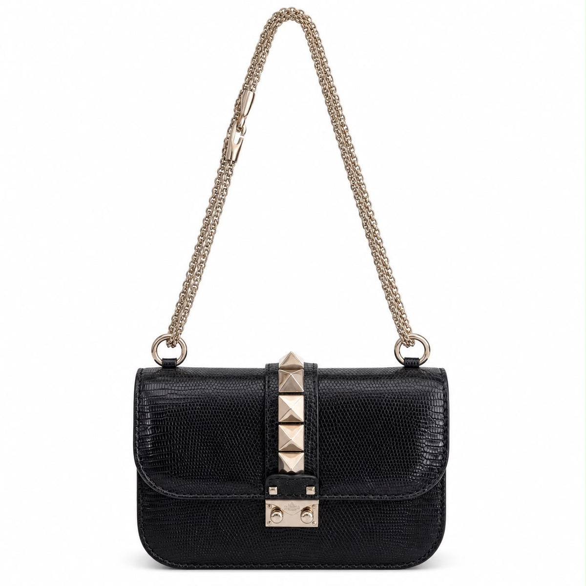 VALENTINO – ROCKSTUD GLAM LOCK BLACK LIZARD-EMBOSSED LEATHER SHOULDER BAG