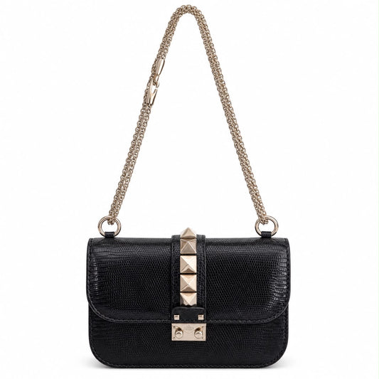 VALENTINO – ROCKSTUD GLAM LOCK BLACK LIZARD-EMBOSSED LEATHER SHOULDER BAG