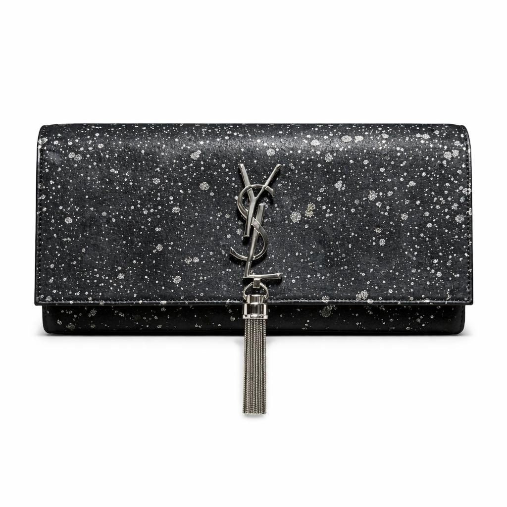 SAINT LAURENT - POUCH KATE MONOGRAM BLACK WITH SILVER SPLATTER EFFECT