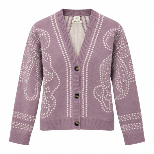 HERMÈS - CASHMERE BRIDES DE GALA LILAC & IVORY CASHMERE WITH EMBROIDERED DETAILS (SIZE 34 FR)