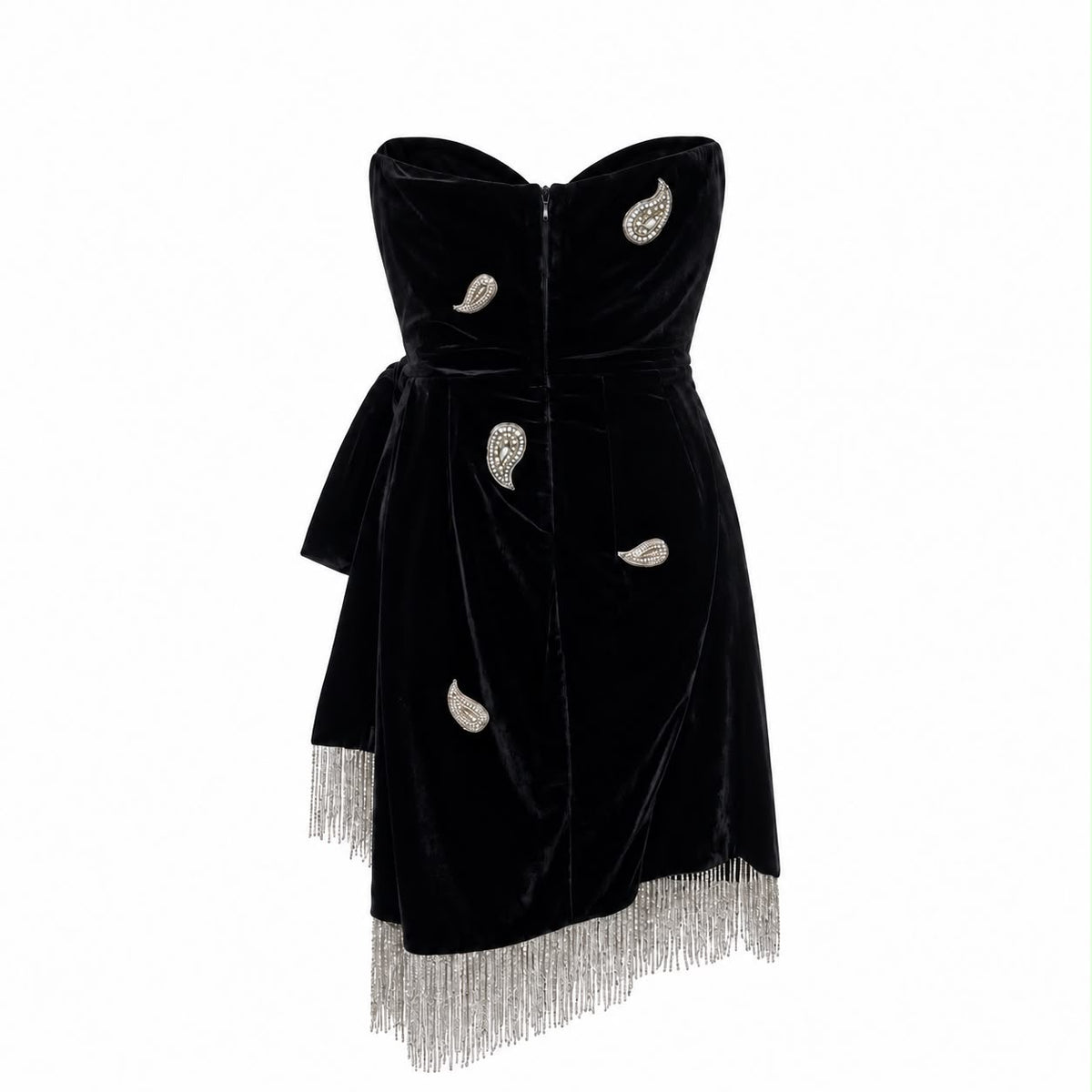 DUNDAS - DRESS MINI VELVET BLACK STRAPLESS CRYSTAL-EMBELLISHED FRINGED SIZE 42 IT
