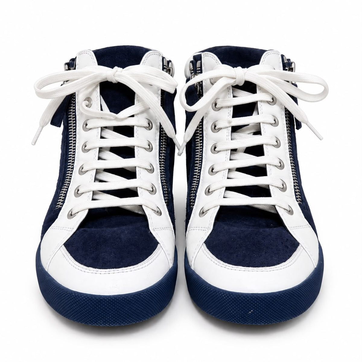 CHANEL - SNEAKERS HIGH TOP NAVY BLUE & WHITE SUEDE CC LOGO SIZE 37,5 EU